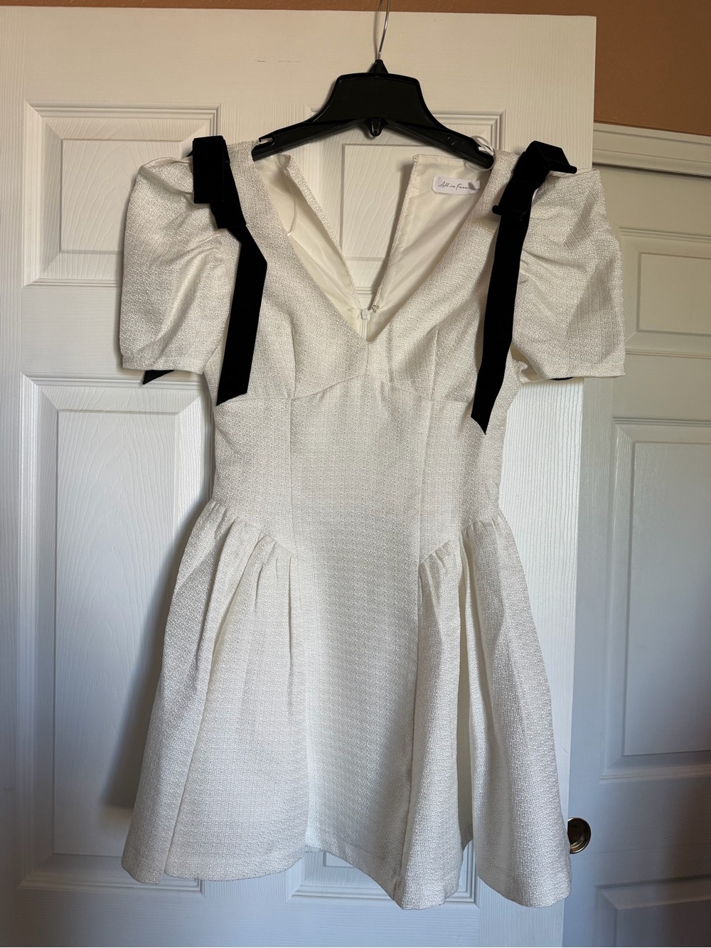 All in Favor Cream Puff-Sleeve Dress with Black Ribbon Straps